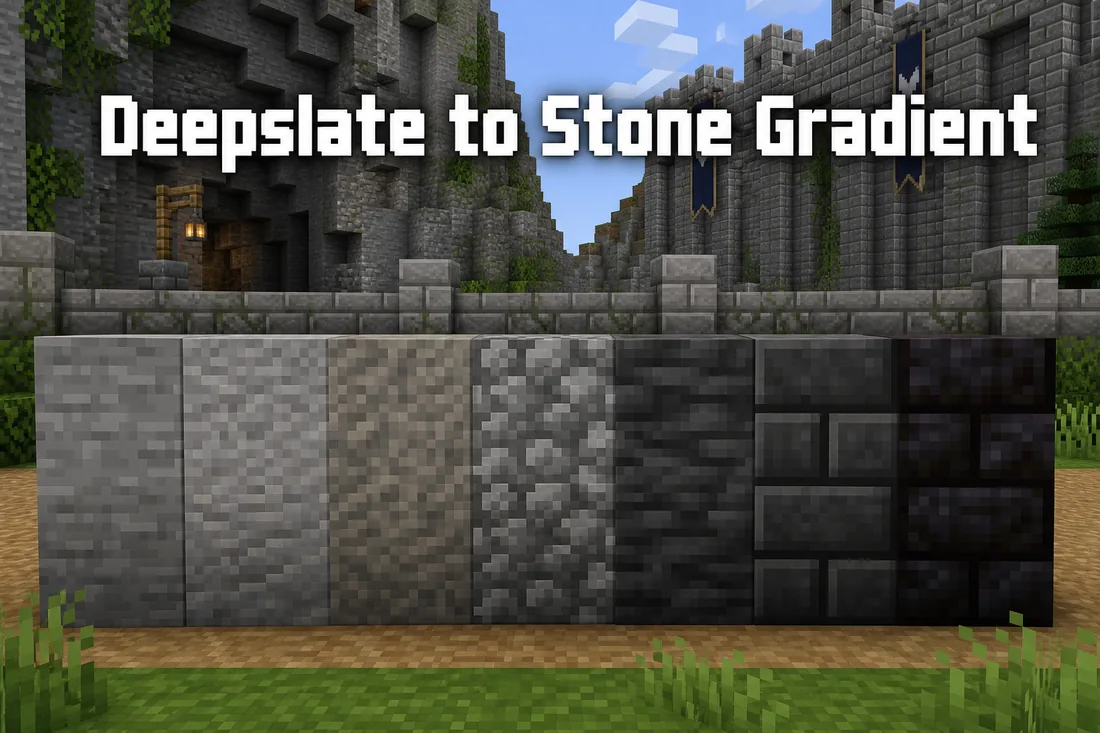 Minecraft stone wall palette showing a smooth deepslate to stone gradient from light stone blocks to dark deepslate and blackstone
