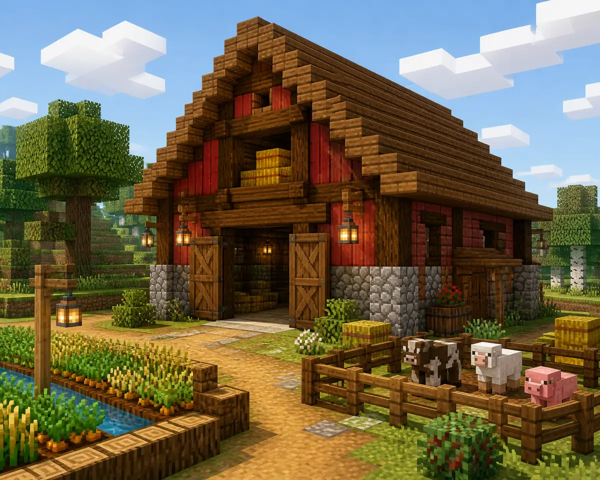 Non-official concept illustration of a Minecraft-inspired timber barn with a red roof, hay, crops and animal paddocks