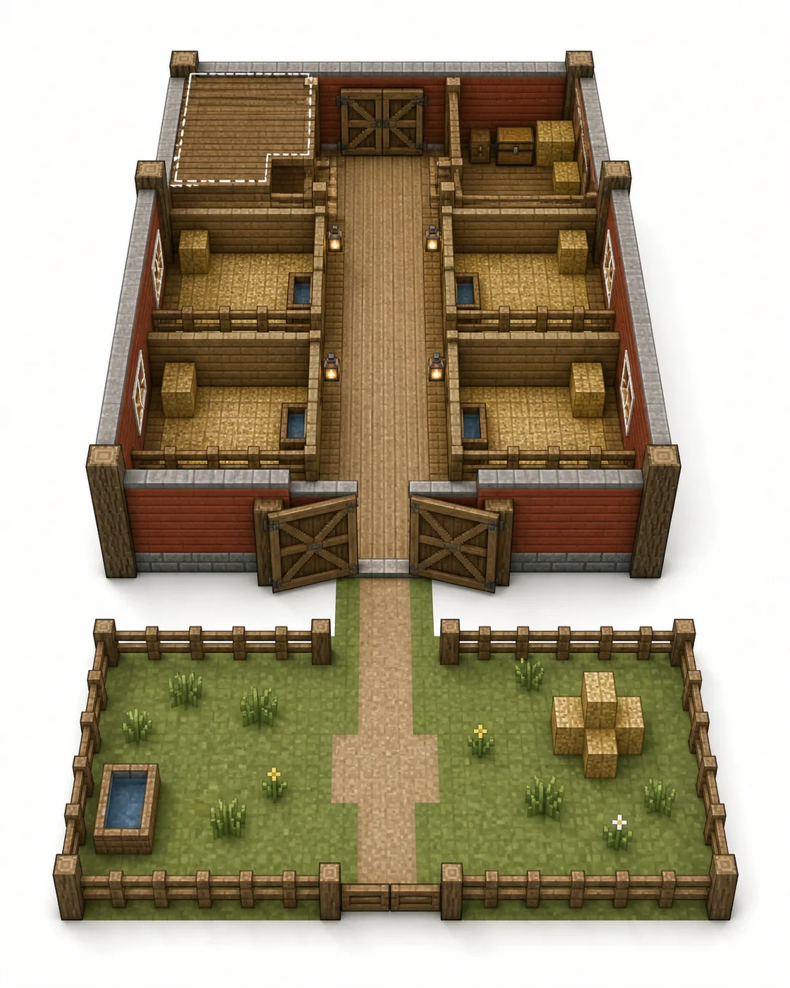 Non-official top-down concept layout of a Minecraft barn with a central aisle, four stalls, storage and a fenced paddock