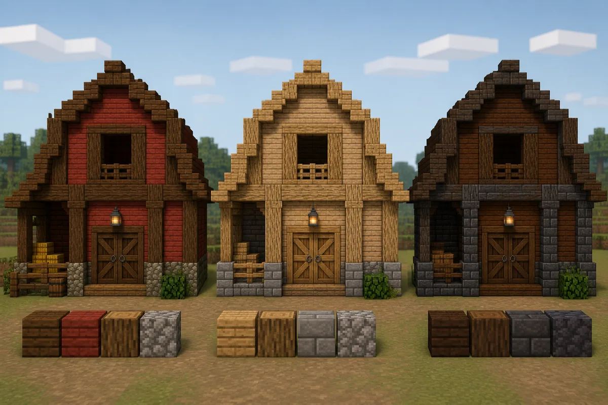 Non-official concept comparison of three Minecraft barn facades using warm red spruce, pale oak stone and dark oak deepslate palettes