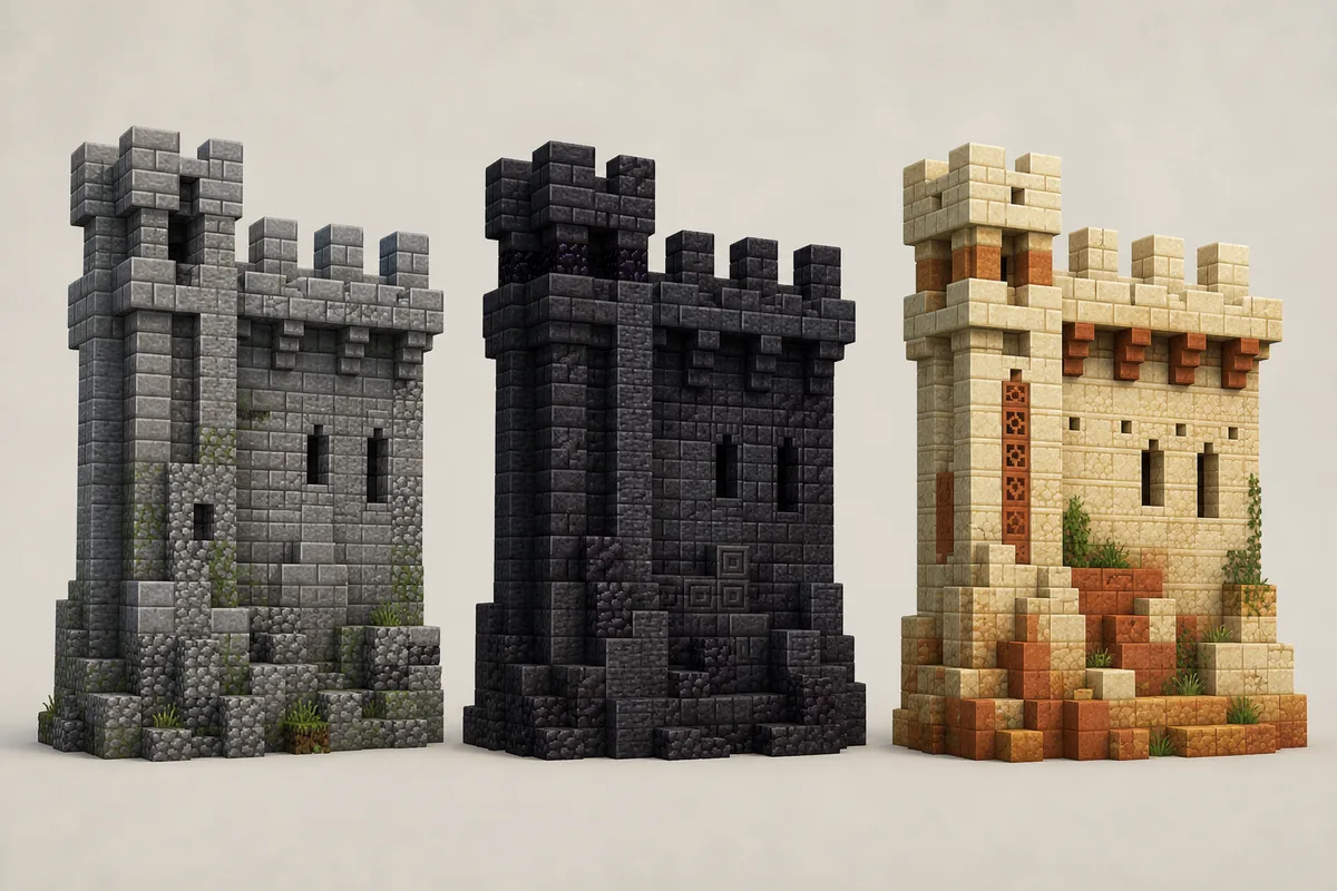 Editorial comparison of classic stone, dark deepslate and warm sandstone Minecraft castle block palettes