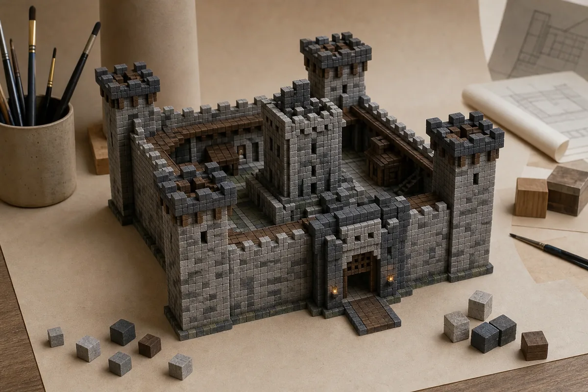 Editorial scale model illustrating a Minecraft castle design with a keep, four towers, curtain walls and gatehouse
