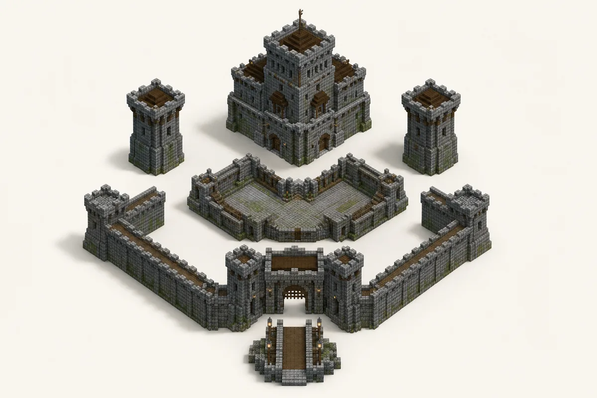 Exploded editorial layout showing a Minecraft castle keep, courtyard, towers, walls, gatehouse and bridge