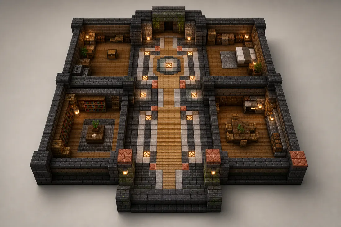 Editorial Minecraft floor layout concept showing a central path, border blocks, corner accents and warm lighting pockets