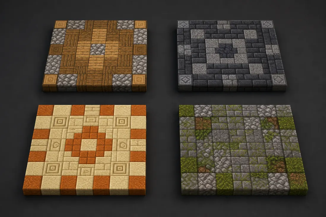 Editorial concept image showing four Minecraft floor palette samples for wood, castle, desert and cave builds