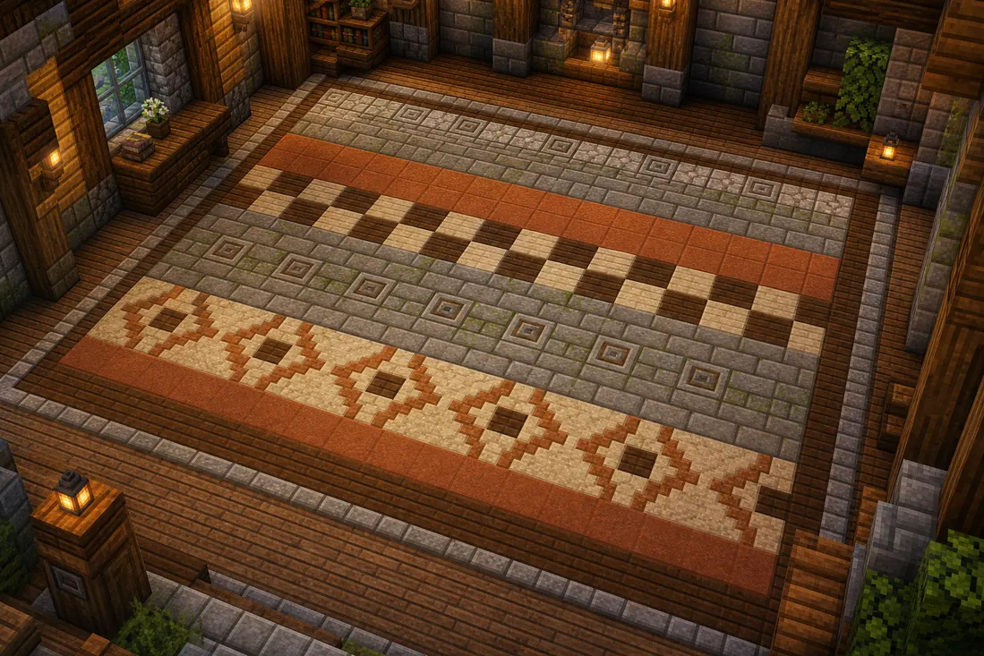 Editorial Minecraft floor pattern concept with wood, stone, terracotta and moss blocks arranged into readable flooring