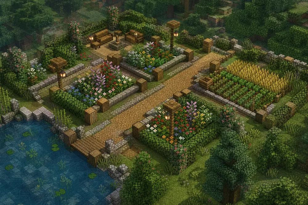 Non-official editorial concept showing a Minecraft-style garden divided into flower beds, crop rows, a seating area, a pond and a central path