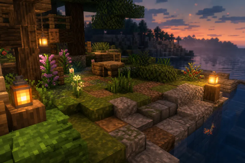 Non-official editorial concept of a Minecraft-style garden at dusk showing grass, moss, coarse dirt, stone edging, wood and warm lantern lighting