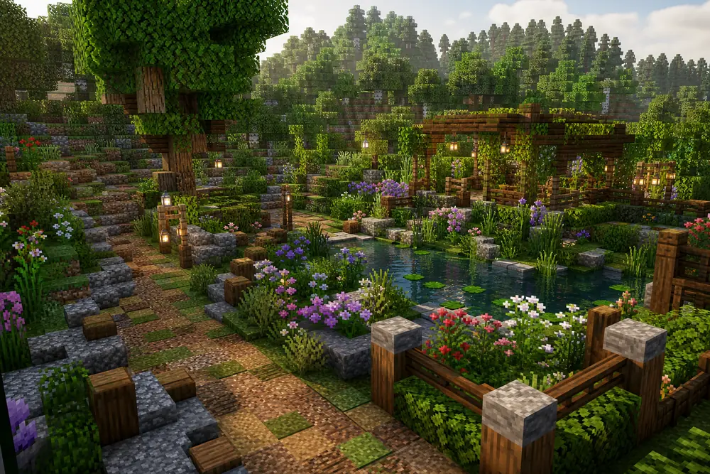 Non-official editorial concept of a Minecraft-style garden with flower beds, a pond, paths, hedges and lanterns