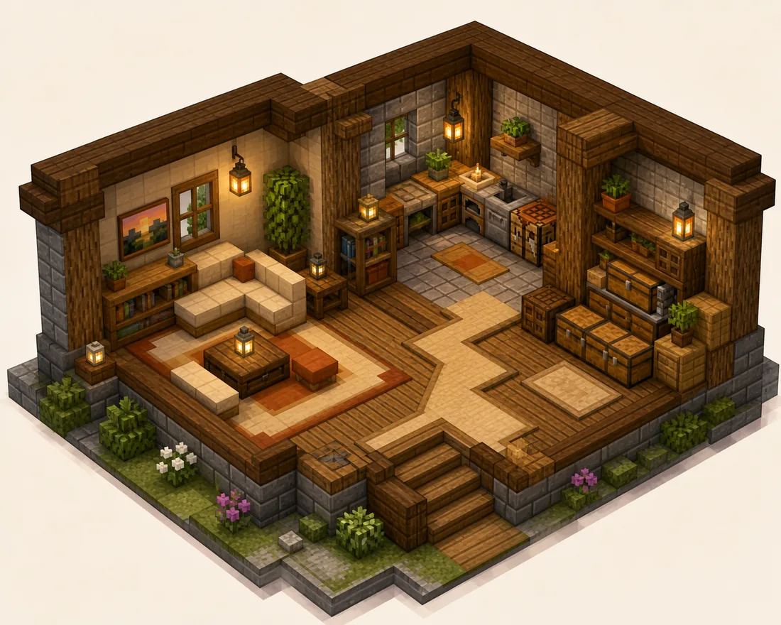 Editorial concept visual showing Minecraft interior zones for living, kitchen, storage and walking paths