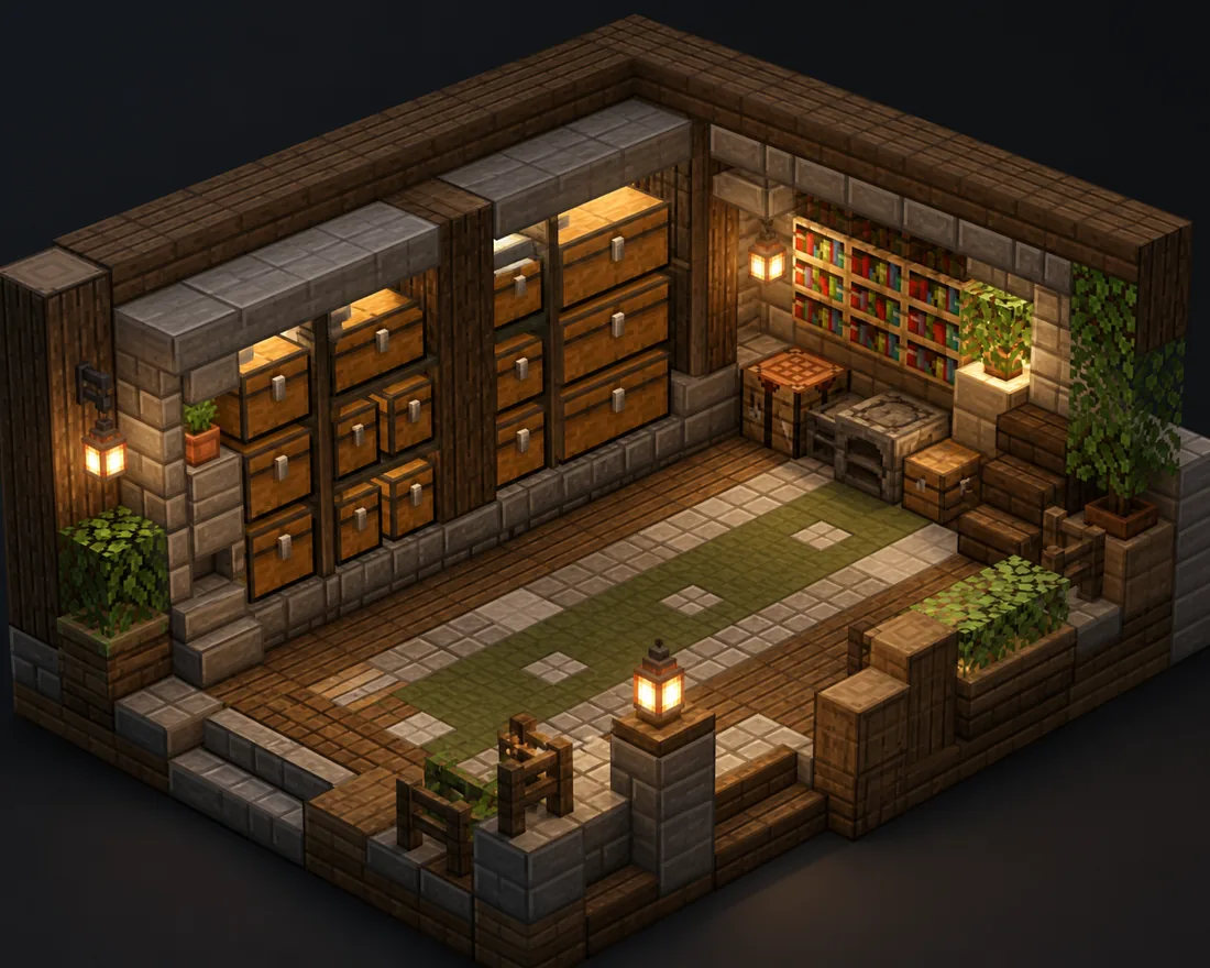 Editorial concept visual of organized Minecraft storage with chests, bookshelves, hidden lighting and a clear aisle