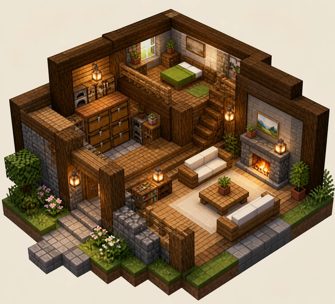 Editorial concept illustration of a warm Minecraft house interior with a living area, storage wall, staircase and bedroom