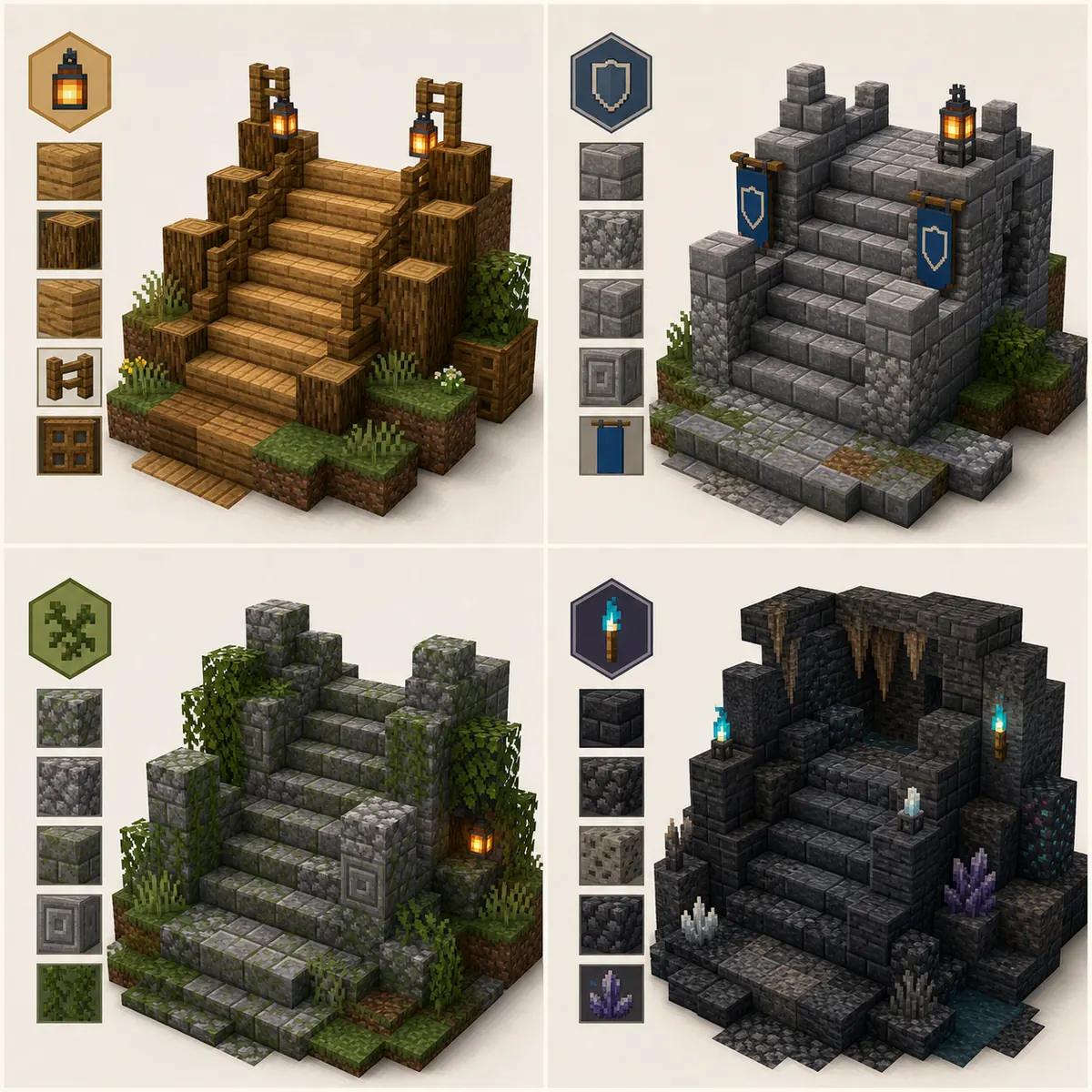 Minecraft stair palette comparison with wood, stone, mossy ruin and deepslate cave staircase ideas
