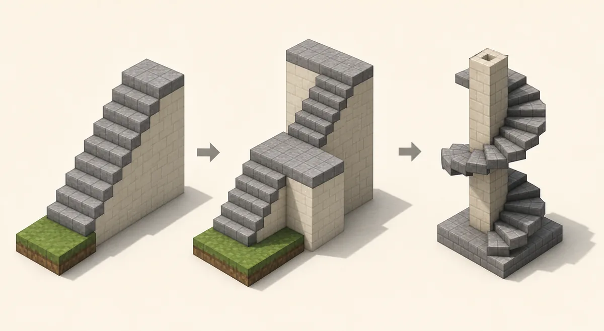 Minecraft staircase layout diagram showing straight stairs, switchback stairs with a landing and spiral stairs around a column