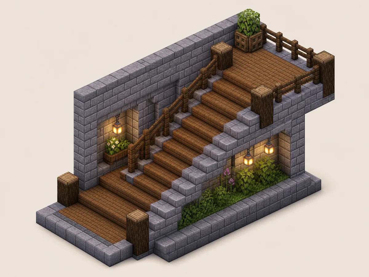 Minecraft-inspired staircase design concept with wooden steps, stone side walls, railings, plants and warm lanterns