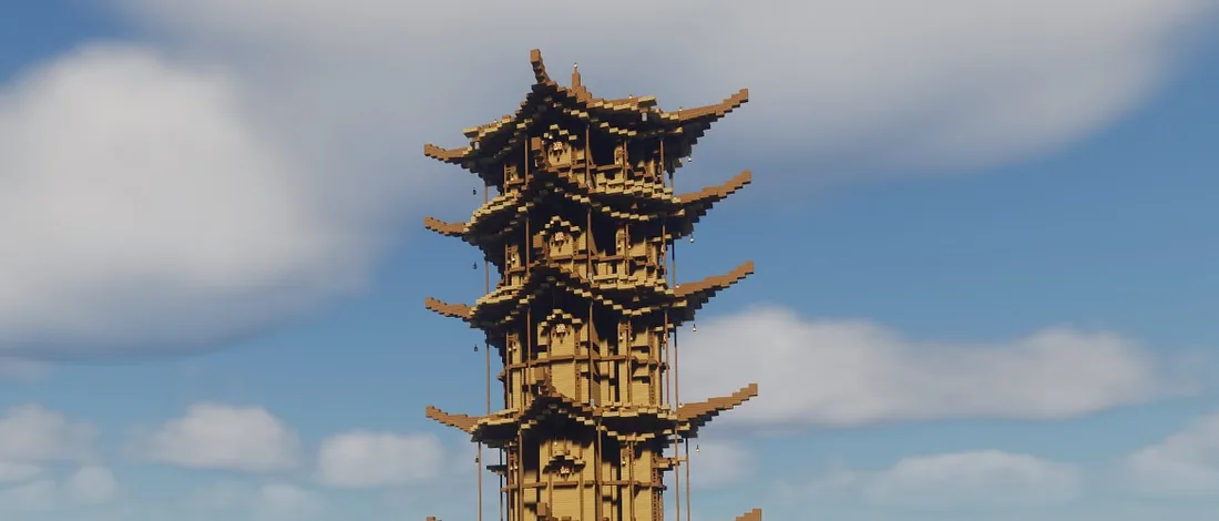 Official Minecraft survival tower build with a tall stone base, timber upper floor and steep roof
