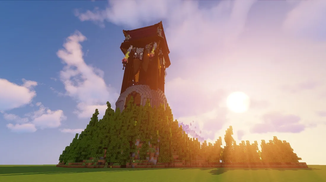 Official Minecraft build challenge tower showing a widened top, repeated floors and a strong roof silhouette